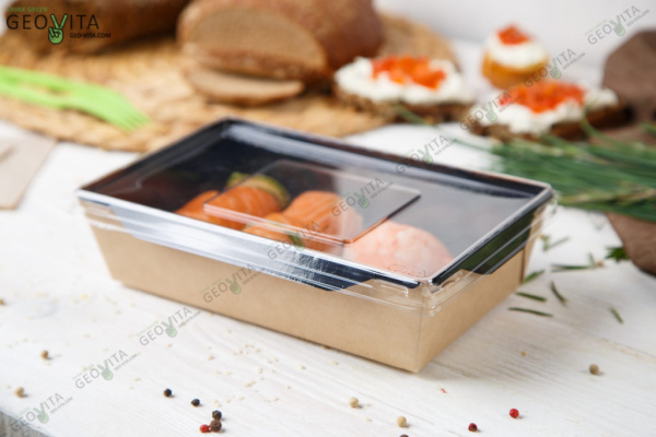 Товар контейнер для салатов из крафтового картона черного цвета с прозрачной крышкой (900 мл), 150х150х50 мм в ассортименте каталога